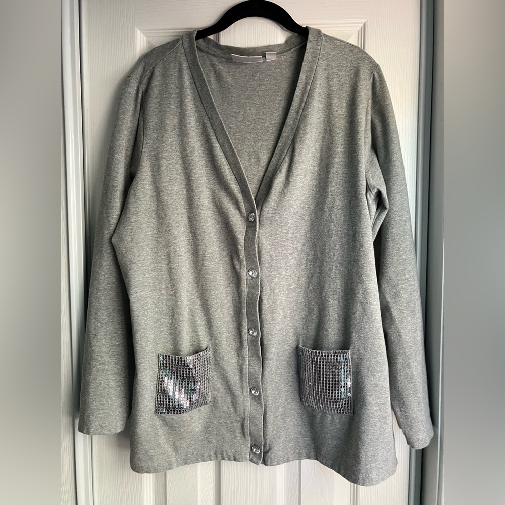 QUACKER FACTORY cardigan sweater quirky teacher bling sequins Holiday festive L